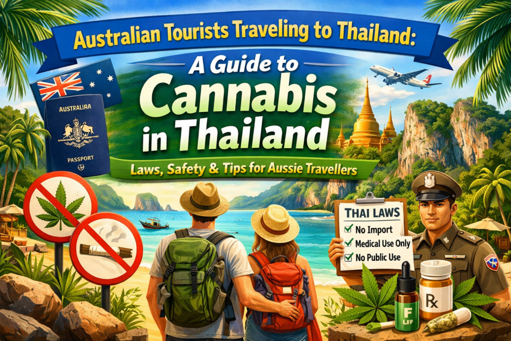 Illustration showing Australian tourists travelling to Thailand with visual guidance on cannabis in Thailand laws, safety rules, and medical use restrictions.
